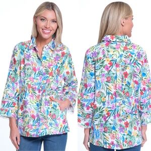 NWT John Mark Linen Floral Point Collar Blouse 3/4 Sleeve Button Front Tunic